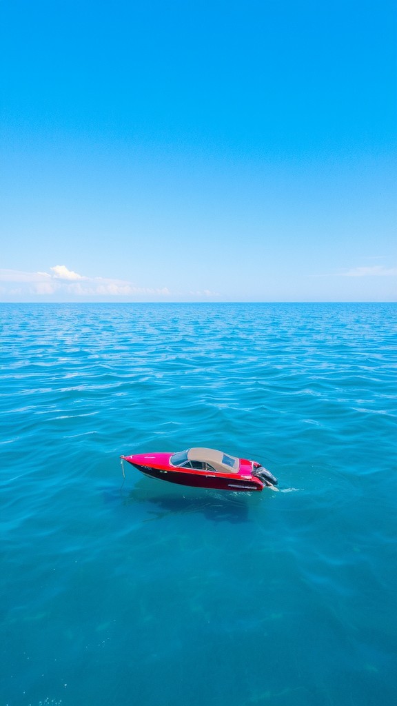 A lone red boat floats on a vast expanse of clear blue ocean under a bright sky.