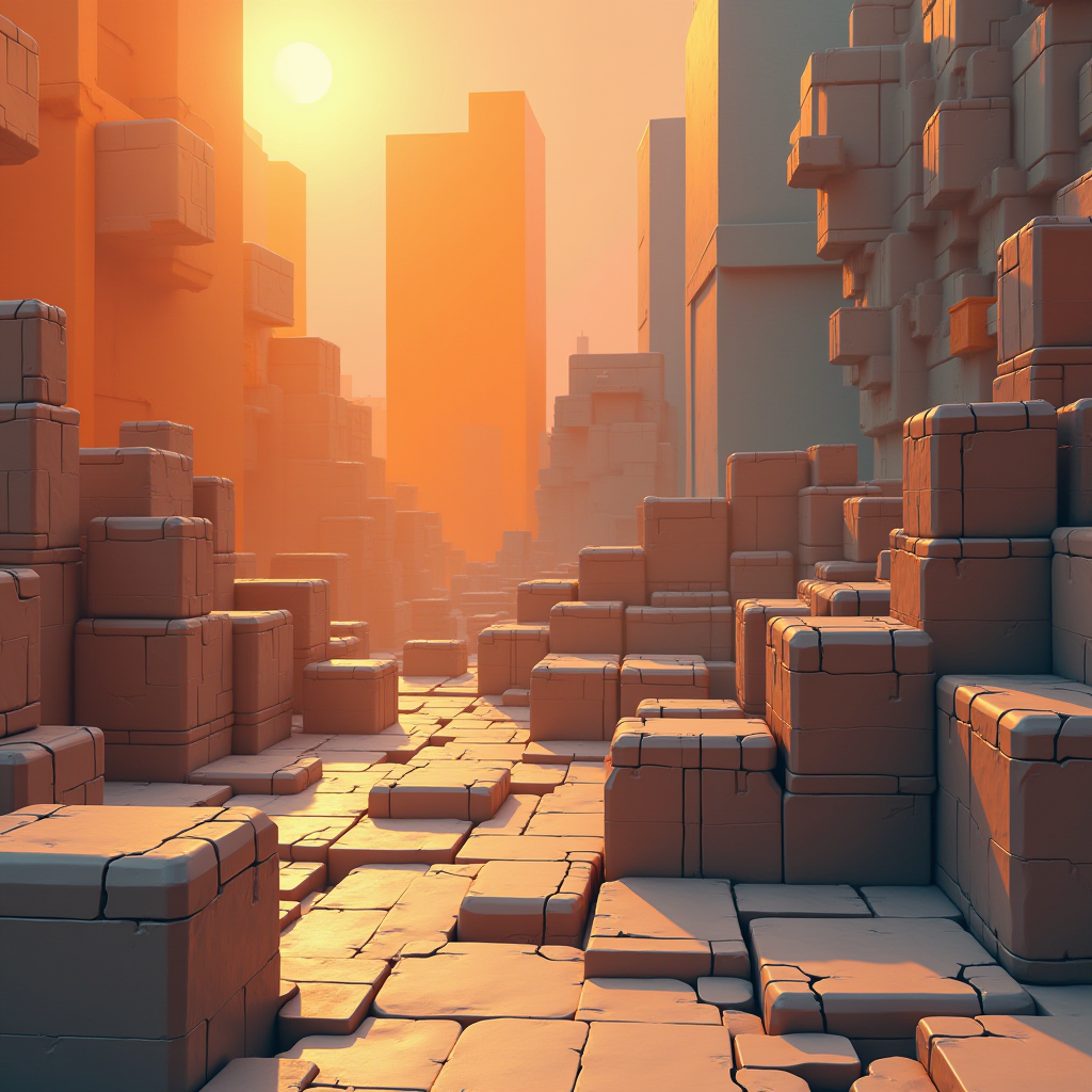 A cityscape of stacked geometric blocks bathed in the warm glow of a setting or rising sun, featuring cube-like structures casting long shadows.