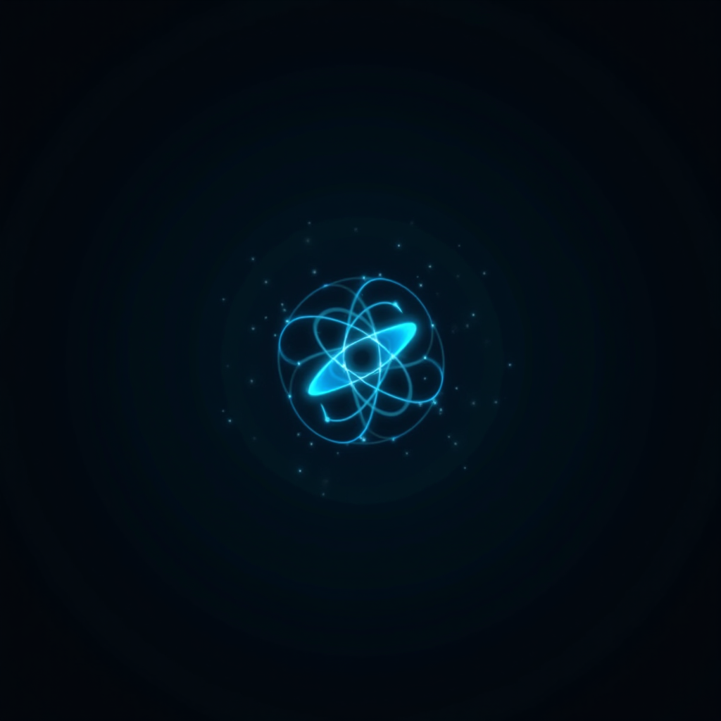 The image features a glowing representation of an atomic structure against a dark background. The central part resembles an atomic nucleus, surrounded by orbiting paths that represent electrons. The glowing elements are light blue, giving the structure a futuristic, digital appearance. The background is a deep black, allowing the luminous blue lines to stand out prominently. There are small dots scattered around the nucleus, suggesting particles or stars, adding to the scientific and cosmic theme.