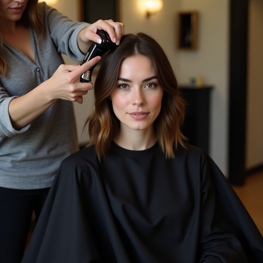 Long black dress worn by a woman sitting in a barber chair. Her hair is being shaved off with hair clippers. The scene is set in a salon environment. Stylist is actively engaged in grooming.