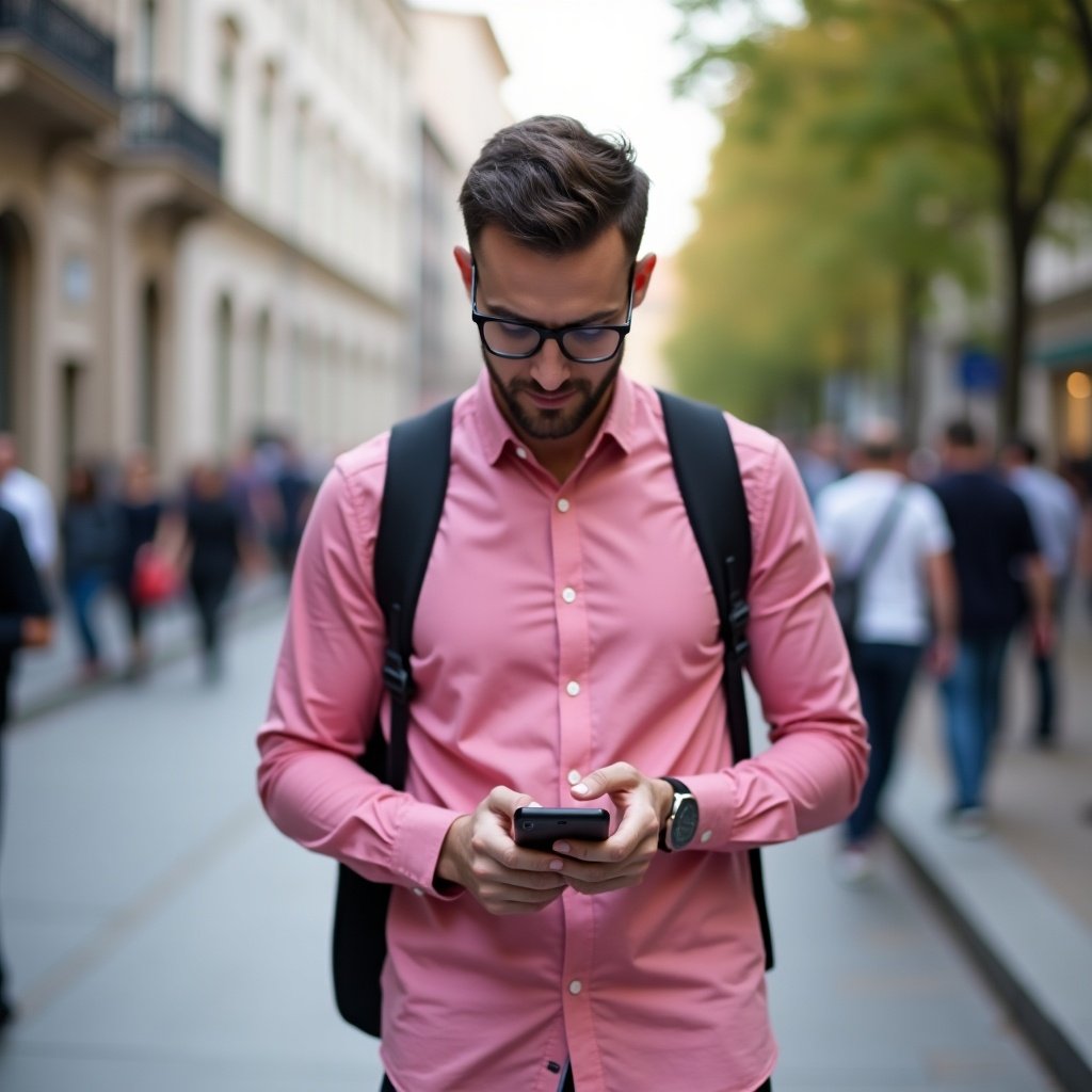 A man in a pink shirt checks his phone while walking in an urban environment.