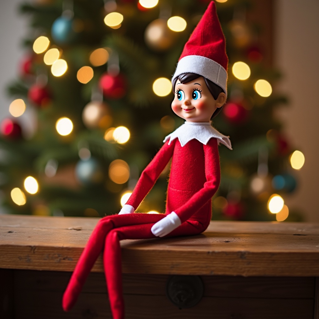 The image depicts an Elf on the Shelf doll, a popular Christmas decoration sitting on a wooden table. The elf is dressed in a bright red outfit with a white collar and has large, expressive eyes. In the background, a beautifully decorated Christmas tree adorned with colorful ornaments and soft lights creates a warm, festive atmosphere. The lighting is soft and warm, adding a cozy feel to the scene. This elf is often used in holiday traditions to encourage good behavior in children, making it a beloved holiday icon.