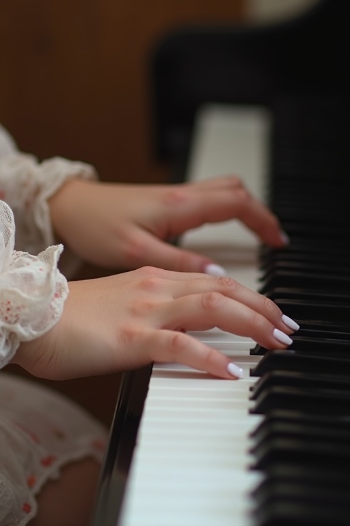 Image features young woman's hands with white nail polish positioned over piano keys. She plays piano with her fingers.