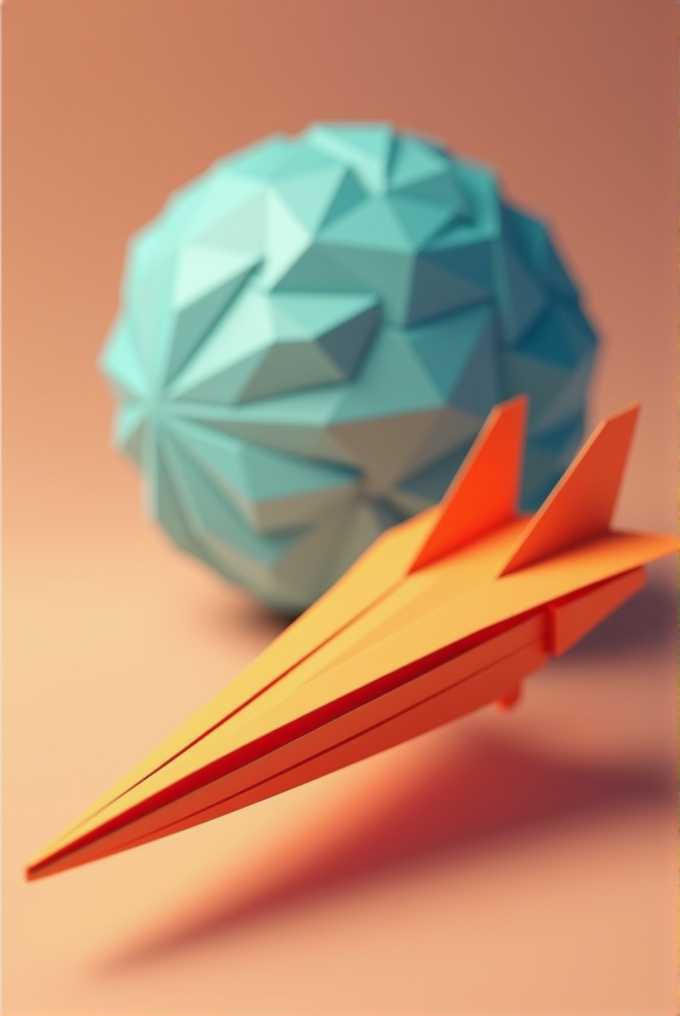 A stylized 3D rendering of an orange angular rocket beside a faceted turquoise sphere, set against a smooth peach-colored background.