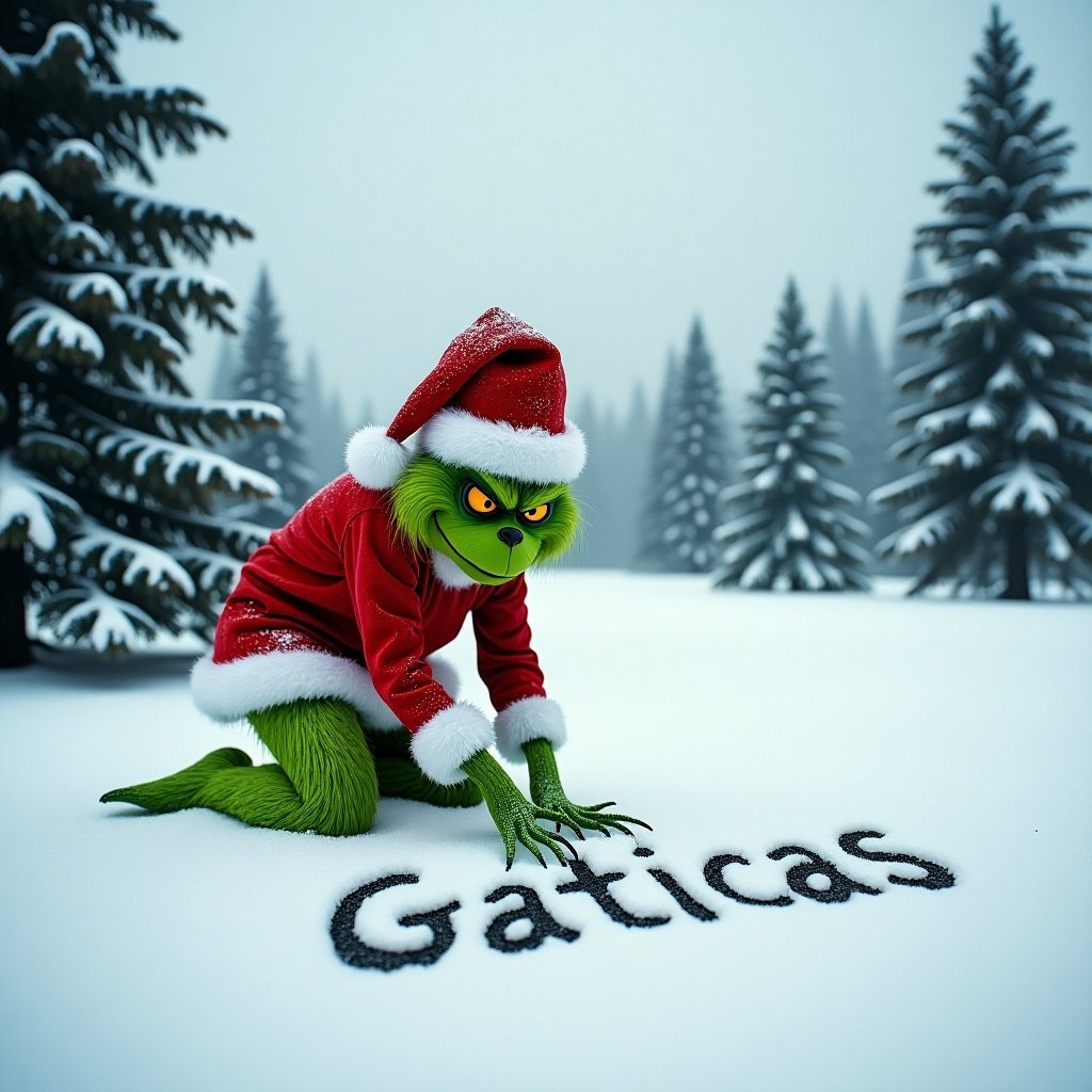 Grinch writes in snow. The character wears a red Christmas hat and coat. Snow-covered pine trees surround the scene. The text 'Gaticas' is outlined in the snow.