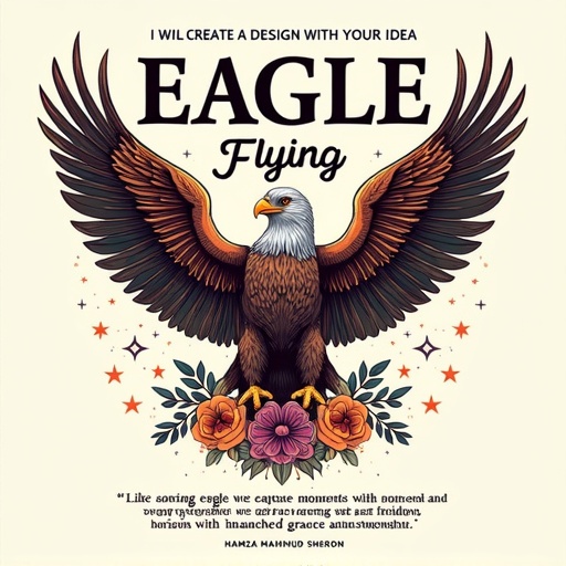 Graphic design features a majestic eagle surrounded by floral motifs and stars. Text reads I WILL CREATE A DESIGN WITH YOUR IDEA. Bold letters display EAGLE with cursive lettering for Flying above it. Quote by Hamza Mahmud Sheron below eagle emphasizes precision and freedom inspired by the eagle.