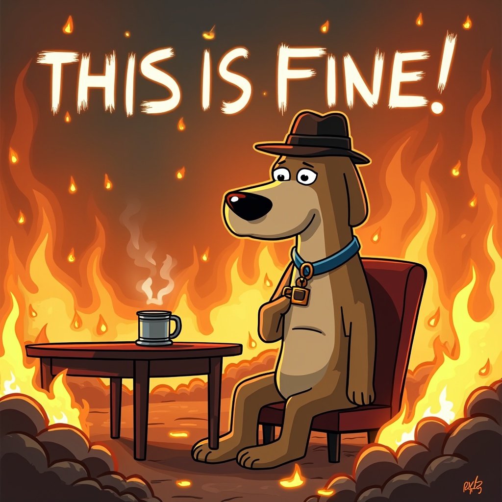 Cartoon of a dog sitting calmly in flames. The dog wears a hat and a collar. A coffee cup is on the table. The background is filled with fire. The phrase 'THIS IS FINE!' is prominent above the dog.