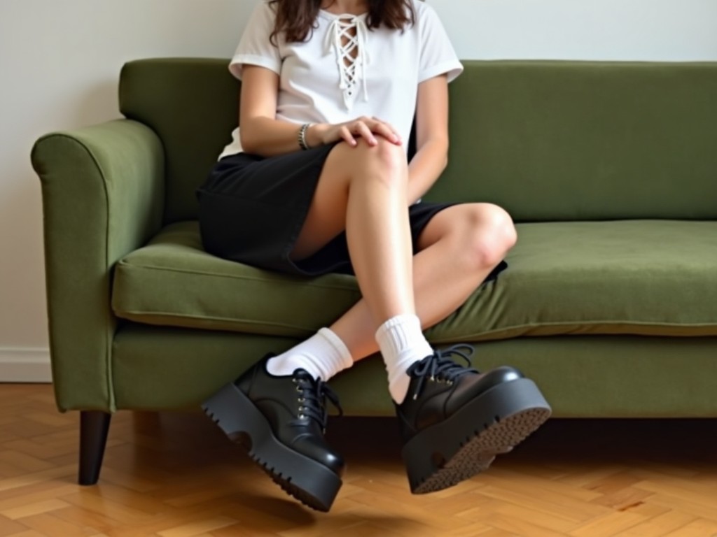 The scene features a person sitting on a green, cushioned sofa. They have a casual style, wearing a white top with a tie detail and black shorts. Their legs are crossed, and they sport distinctive black shoes with a chunky sole and white socks. The background is plain and neutral, highlighting the person and the sofa. The room has wooden flooring, adding warmth to the space. The lighting appears soft, creating a relaxed atmosphere.