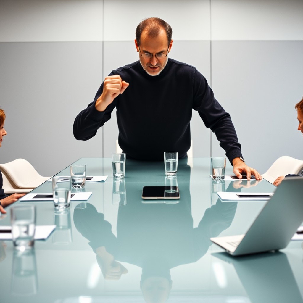 A person passionately gesturing in a sleek, modern conference room, emphasizing a point.