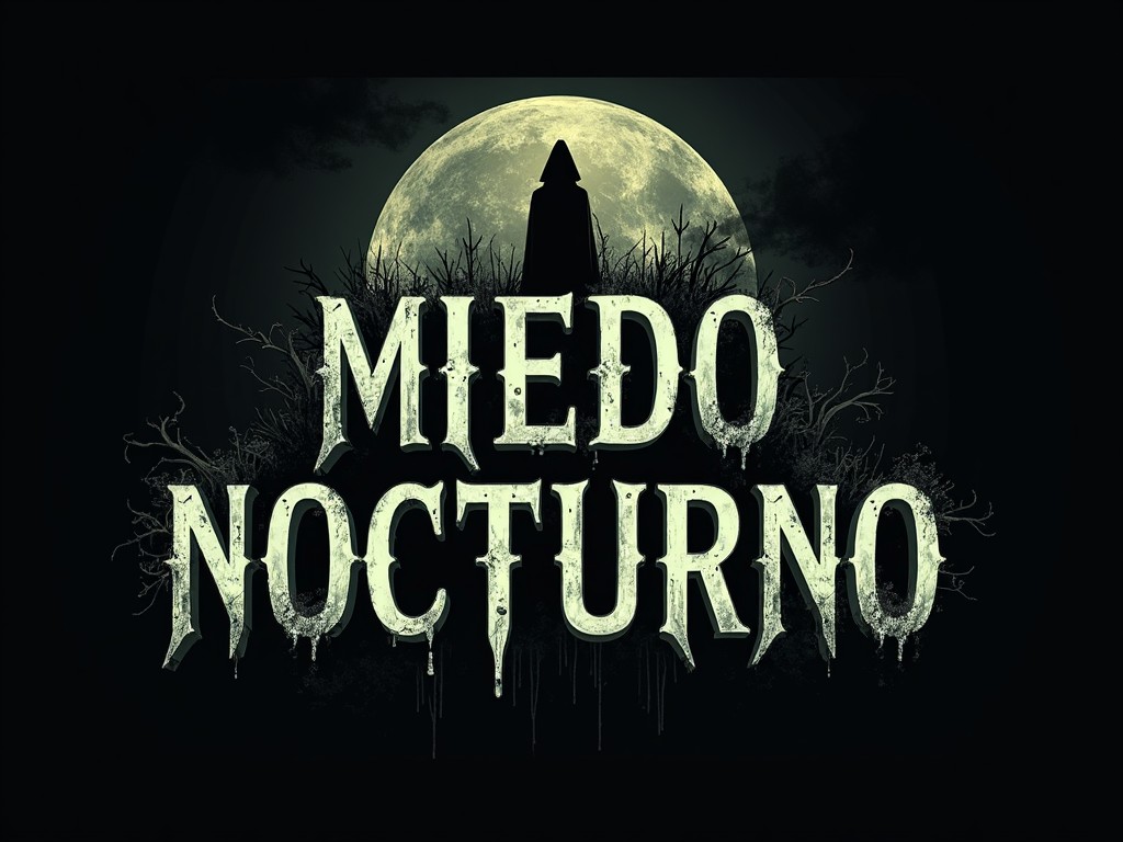 The image features the words 'MIEDO NOCTURNO', which translates to 'Nocturnal Fear'. It showcases a full moon in the background, casting a mystical glow. A dark silhouette can be seen against the moon, enhancing the eerie atmosphere. The text has a dripping effect, suggesting something scary or supernatural. This design is perfect for capturing the themes of fear and darkness, especially in relation to nighttime and horror events.