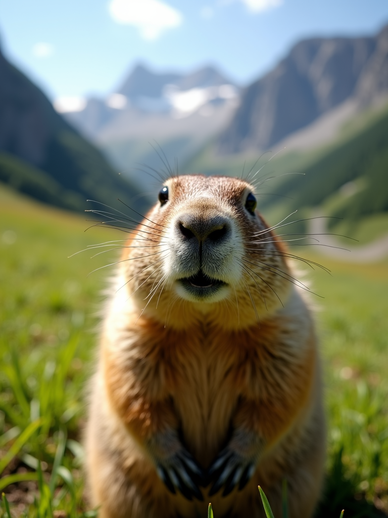 A close-up of a marmot looking directly at the camera with a scenic mountain backdrop.