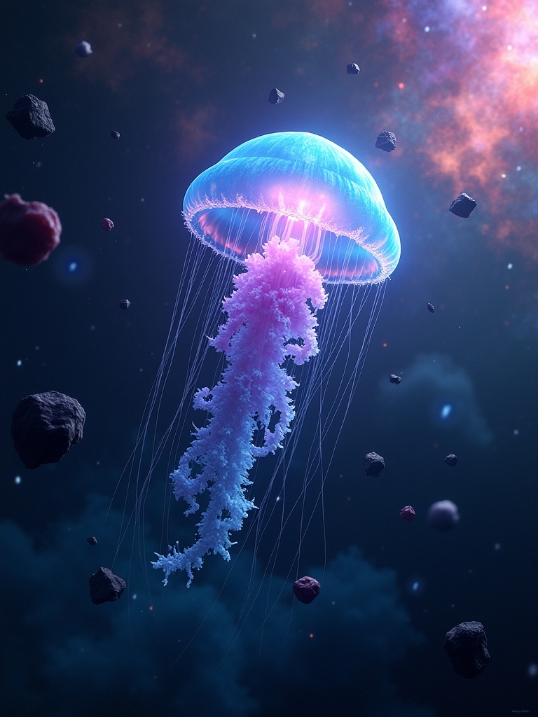 A large glowing jellyfish floats in space. Its luminous bell shines blue and purple. Tentacles shimmer in starlight. Asteroids surround it. A colorful nebula is in the background. The scene is surreal and majestic.