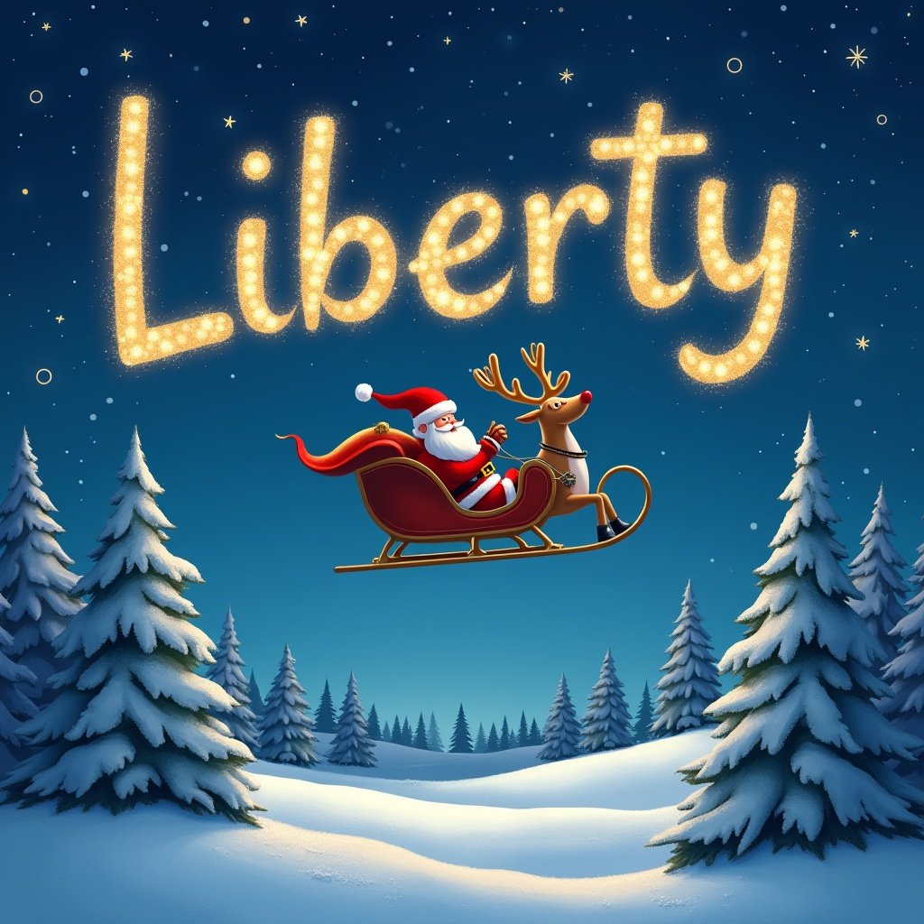 Santa Claus flies in a sleigh with a reindeer across the night sky. The name 'Liberty' appears in sparkling letters above. The scene features a winter landscape with snow-covered trees.