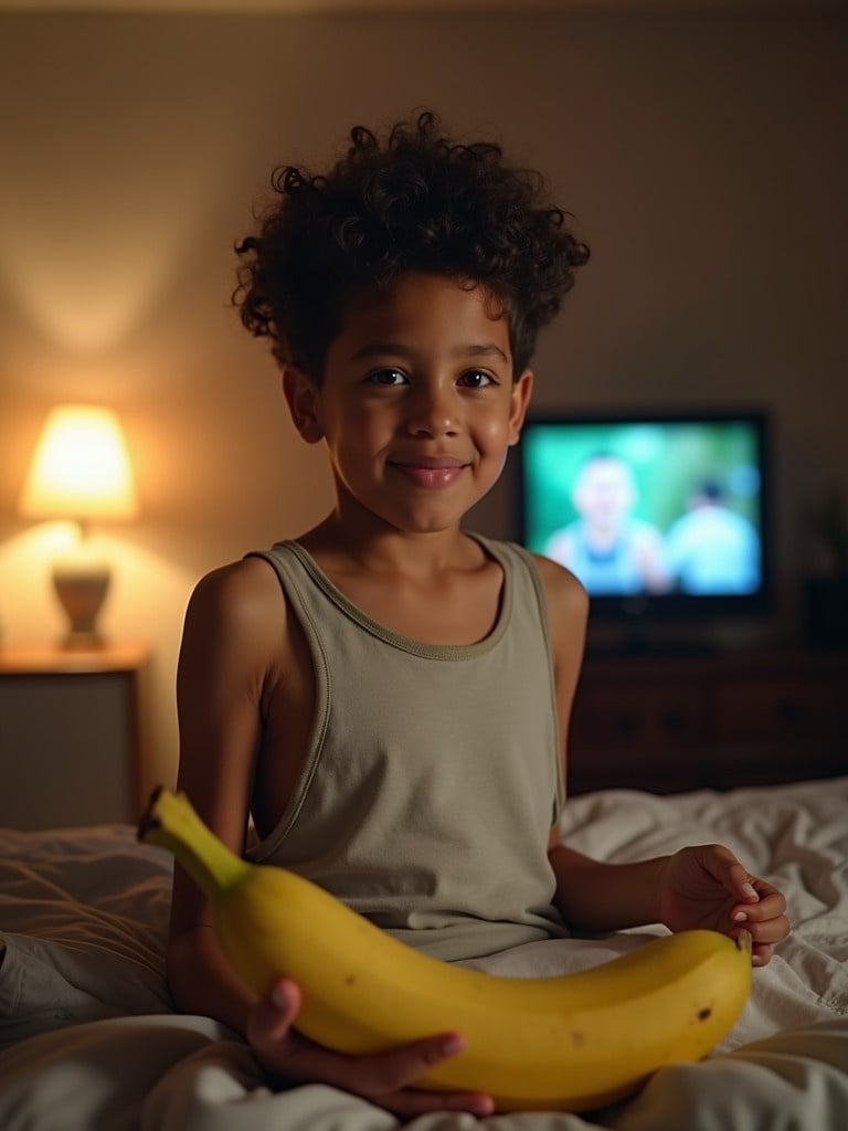 Tall Brazilian boy sits on bed holding a big banana watching TV. Cozy room atmosphere with warm lighting. Casual attire enhances the relaxed mood.