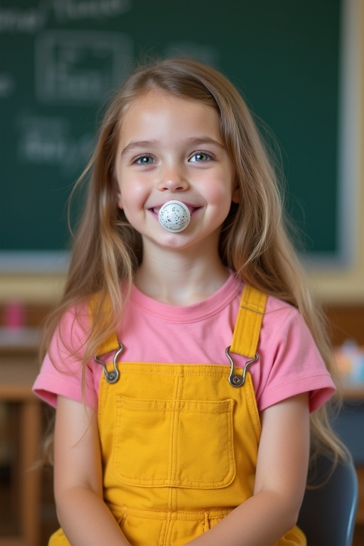 A 6 years old girl with long light brown hair and blue eyes in a classroom. She wears yellow dungarees over a pink t-shirt. She has a pacifier. The girl smiles while sitting in front of a blackboard.