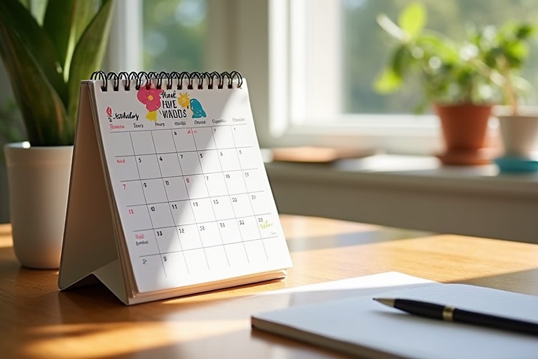 A desk calendar sits on a wooden table next to a notebook and pen. The background features a window with soft sunlight filtering through. The calendar has colorful illustrations and a spiral binding.