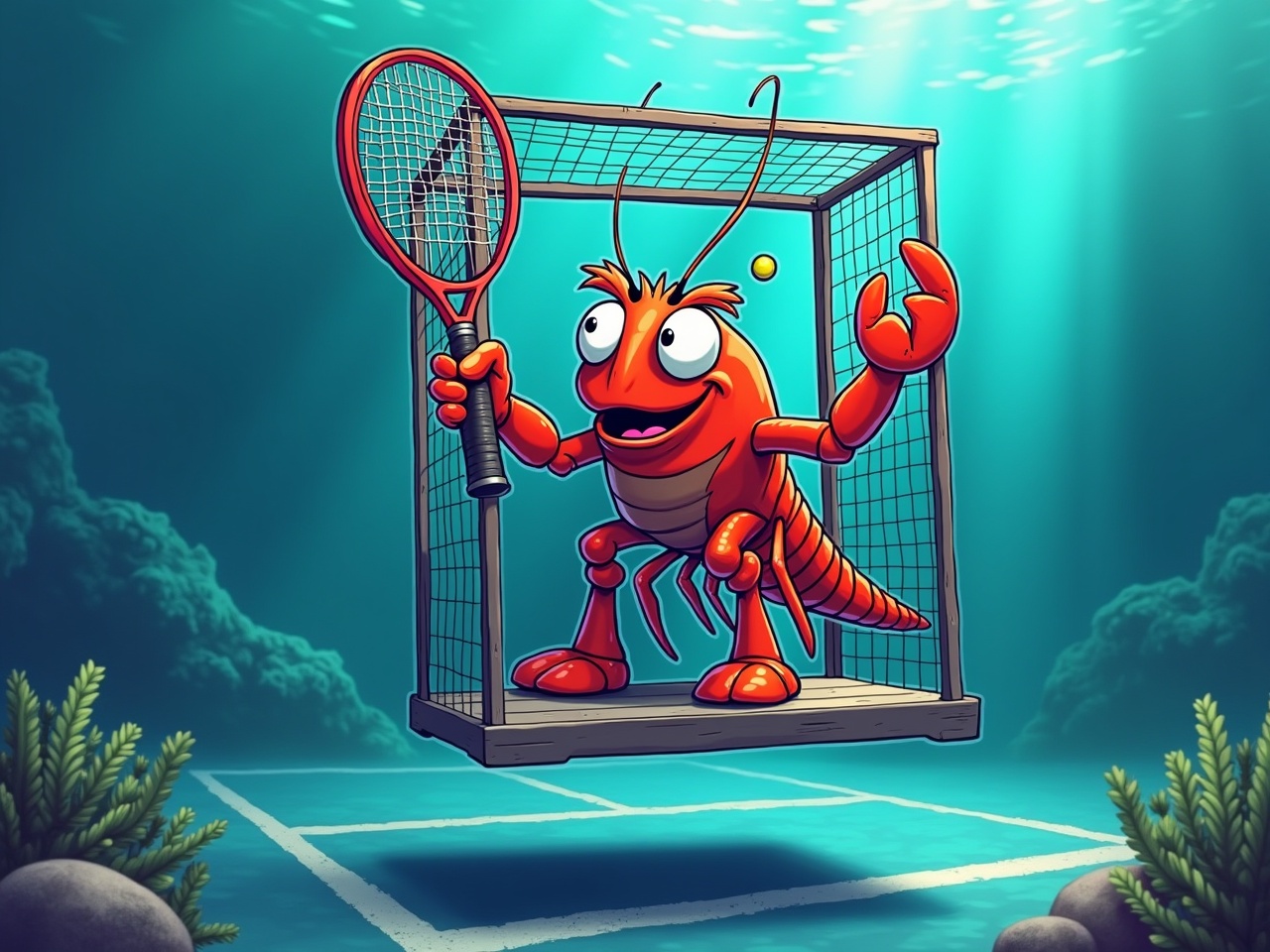 A whimsical digital illustration of a cartoon lobster playing tennis underwater, featuring vibrant colors and expressive character design. The lobster is holding a tennis racket and is positioned inside an underwater tennis court. The scene includes tennis net details, aquatic plants, and oceanic lighting, creating a lighthearted and humorous atmosphere.