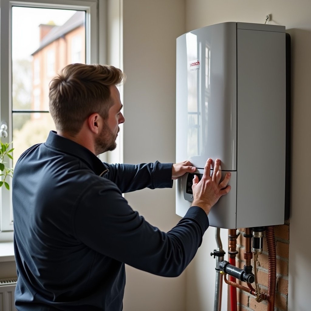 Image shows a gas engineer installing a Worcester Bosch boiler in a home setting. The engineer interacts with the boiler. A functional and modern atmosphere is depicted with natural light from nearby windows.