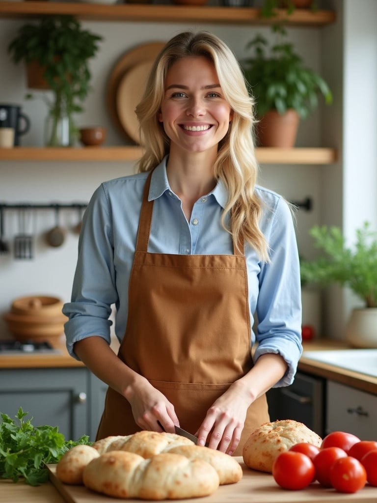 Blonde woman preparing freshly baked bread in a warm kitchen. Woman wears a brown apron over a light blue shirt. She is chopping tomatoes on a wooden board. Fresh bread and vegetables are on the countertop. Kitchen has green plants and wooden elements. Natural light enhances the cozy atmosphere.