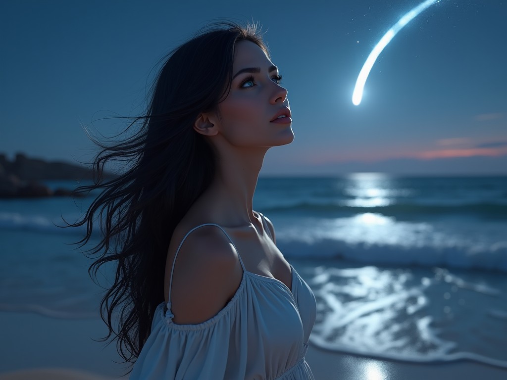 This image depicts a hyperrealistic 3D painting of a stunning woman in her late 30s. She has long black hair and captivating green eyes, standing on a serene moonlit beach. The flowing white silk dress highlights her curves beautifully. Her face, showcasing realistic details, gazes thoughtfully at a shooting star streaking across the night sky. The composition creates a sense of intrigue, set against the luminous ocean waves reflecting moonlight.