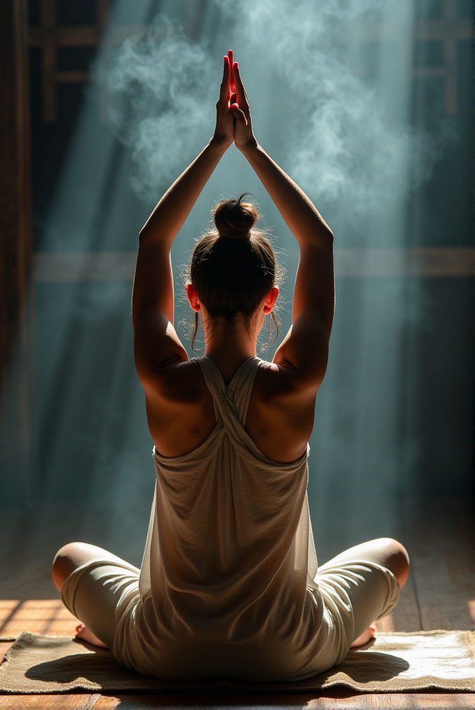 A person meditates in a tranquil setting with rays of sunlight illuminating their posture.