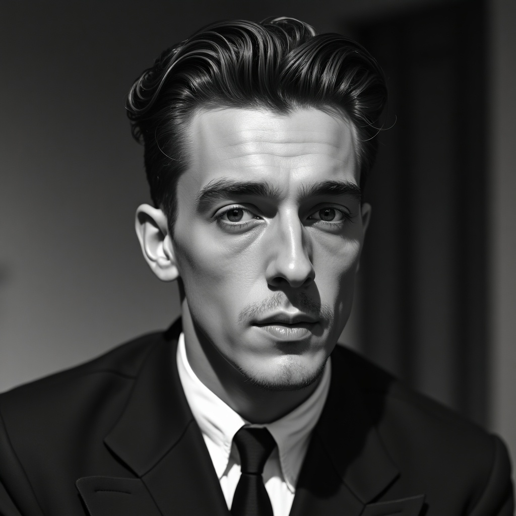 This image features a 17-year-old male mobster from the 1940s. It is captured in a stark black and white format, highlighting his handsome features and high cheekbones. His wavy hair is styled in a slick back fashion, enhancing his tall and skinny appearance. The cold expression on his face, marked by heavy bags under his eyes, suggests emotional detachment. Overall, the photograph embodies the essence of a vintage gangster narrative, inviting viewers to ponder his intriguing backstory.