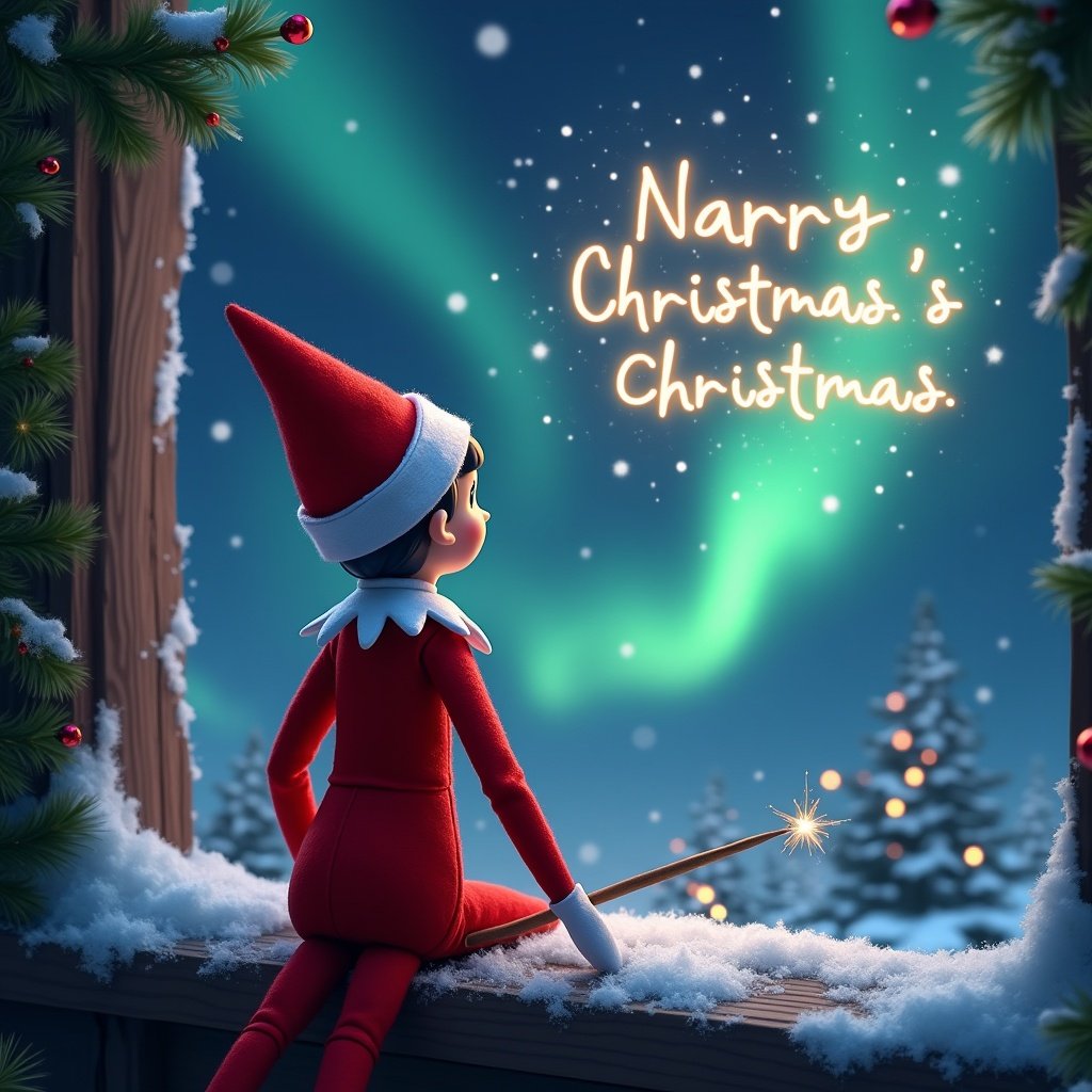 An enchanting Christmas scene features an elf on the shelf, who is looking at the sky with his back to the viewer. The elf, dressed in red and white, is wielding a magic wand. He is writing names in glowing script above him, surrounded by vibrant northern lights. The backdrop is a winter wonderland, adding to the magical ambiance. The scene captures the spirit of Christmas with whimsical elements, creating a sense of wonder and excitement. This portrayal embodies the joy of the holiday season.