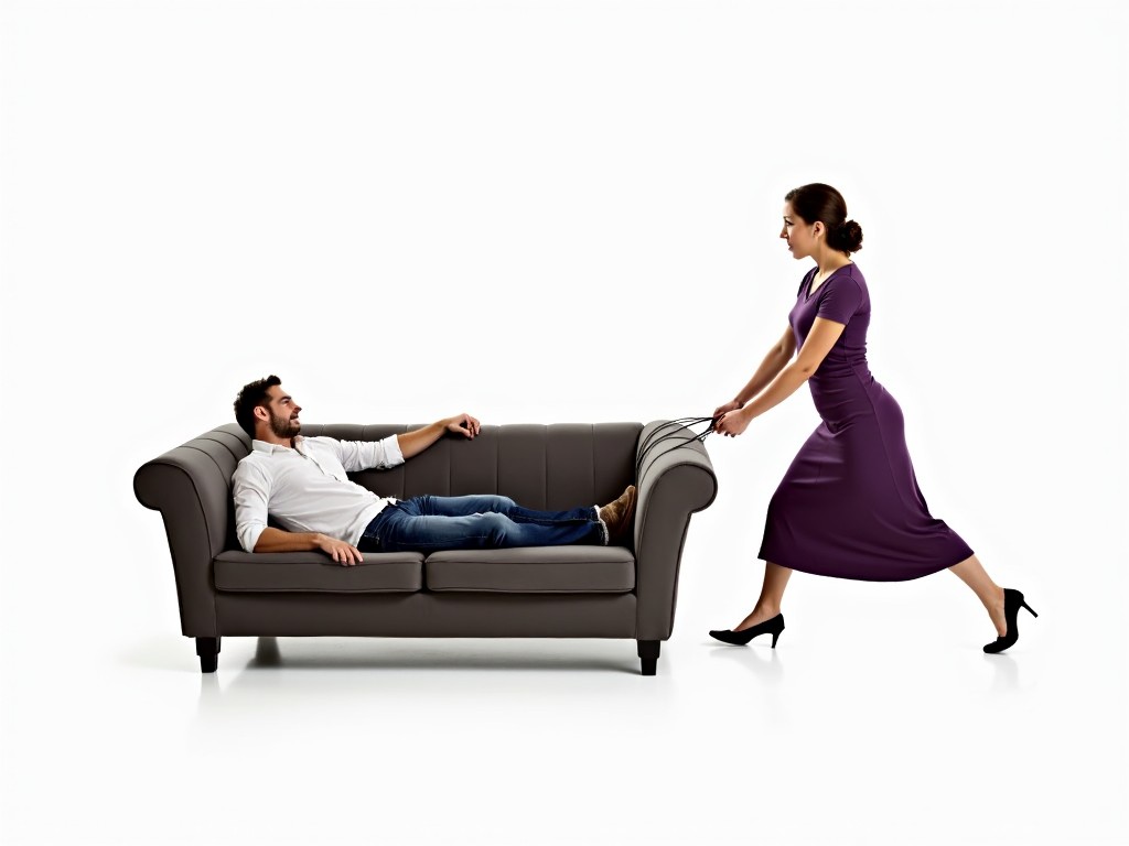 The image shows a woman dragging a sofa with a man lying on it. The man has a surprised expression on his face. The woman is dressed in a purple top and long skirt. The background is a simple, plain white space that highlights the scene. The focus is on the action of her pulling while the man lounges carelessly.