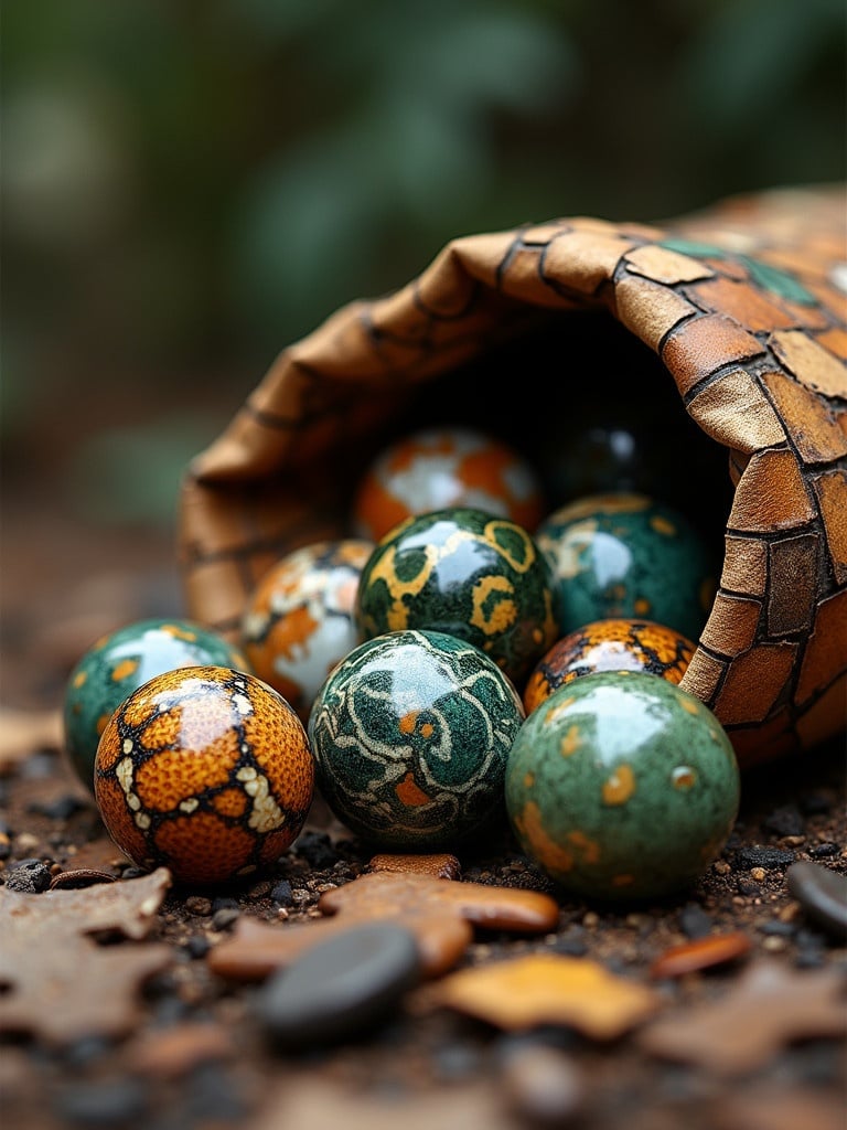 A collection of round marbles made from snakeskin and exotic wood placed on a forest floor. Marbles are spilling from a worn leather sack. The scene represents a vibrant natural setting like the Amazon jungle.