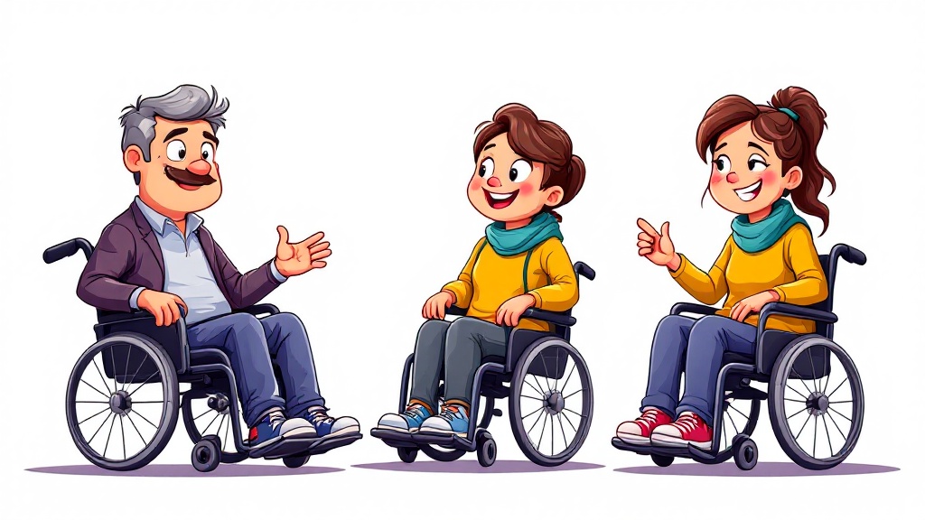 A set of funny cartoon characters in wheelchairs. Characters are depicted in a comic style. There are male and female characters showing different gestures. The design is flat vector art style.