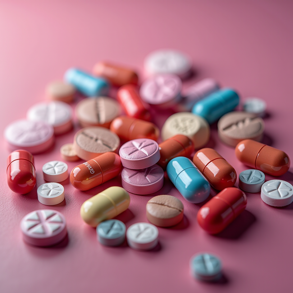 A collection of colorful pills and capsules scattered on a pink surface.