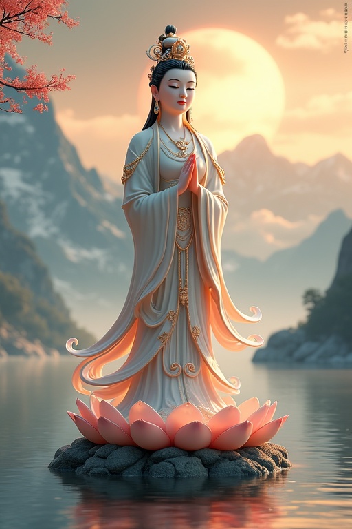 Guanyin Bodhisattva stands gracefully on lotus throne with gentle smile. Jade vase pouring silver light. Willow branches sway. Jeweled crown shines. Flowing robes with rose gold outlines. Misty mountains in background. Golden sunrise piercing clouds. Lake mirrors Guanyin. High-contrast cinematic soft lighting. Disney Pixar 3D style with realism. Deep black background enhances luxury.