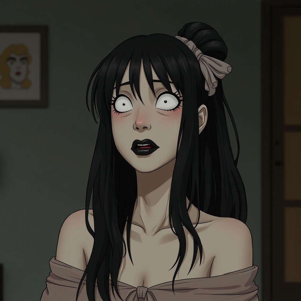 Scene of a woman with pale skin and three white eyes. She has long black hair with some held back. She wears a sloppy off-shoulder top. Her lips are black. She has a sassy expression while speaking.