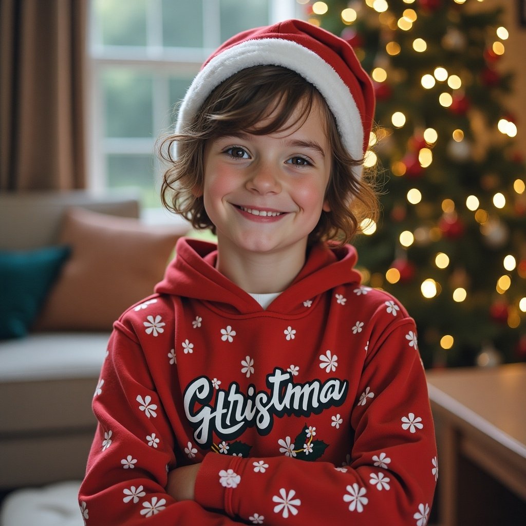 Child stands confidently wearing a red hoodie with white snowflakes. Background shows a decorated Christmas tree and cozy living room setting. Child expresses holiday spirit while arms are crossed and head held high.