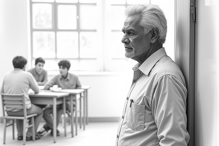 Highly detailed hyper-realistic pencil sketch of an Indian male in his early 50s standing at the doorway of a classroom. Man has salt-and-pepper hair combed back and a stern gaze. He stands upright with relaxed arms. Composition follows the rule of thirds with the man at the left edge and students blurred in the background. Medium shot with a slightly low angle highlights his authority. Chiaroscuro lighting casts a soft shadow across the doorway. Smooth blended shading features sharp detail in the man's attire.