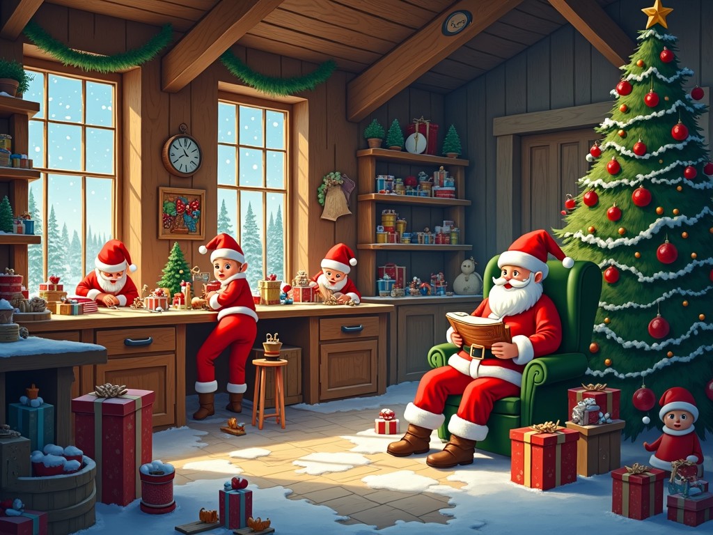 This image depicts a warm and festive Christmas workshop. The scene is filled with Santa Claus and several cheerful elves busily preparing gifts. Santa is peacefully sitting in a green chair, enjoying some cookies. The room is decorated with a Christmas tree adorned with ornaments. Snow can be seen gently falling outside the window, enhancing the holiday ambiance. There are various colorful presents scattered around, completing the delightful holiday scene.