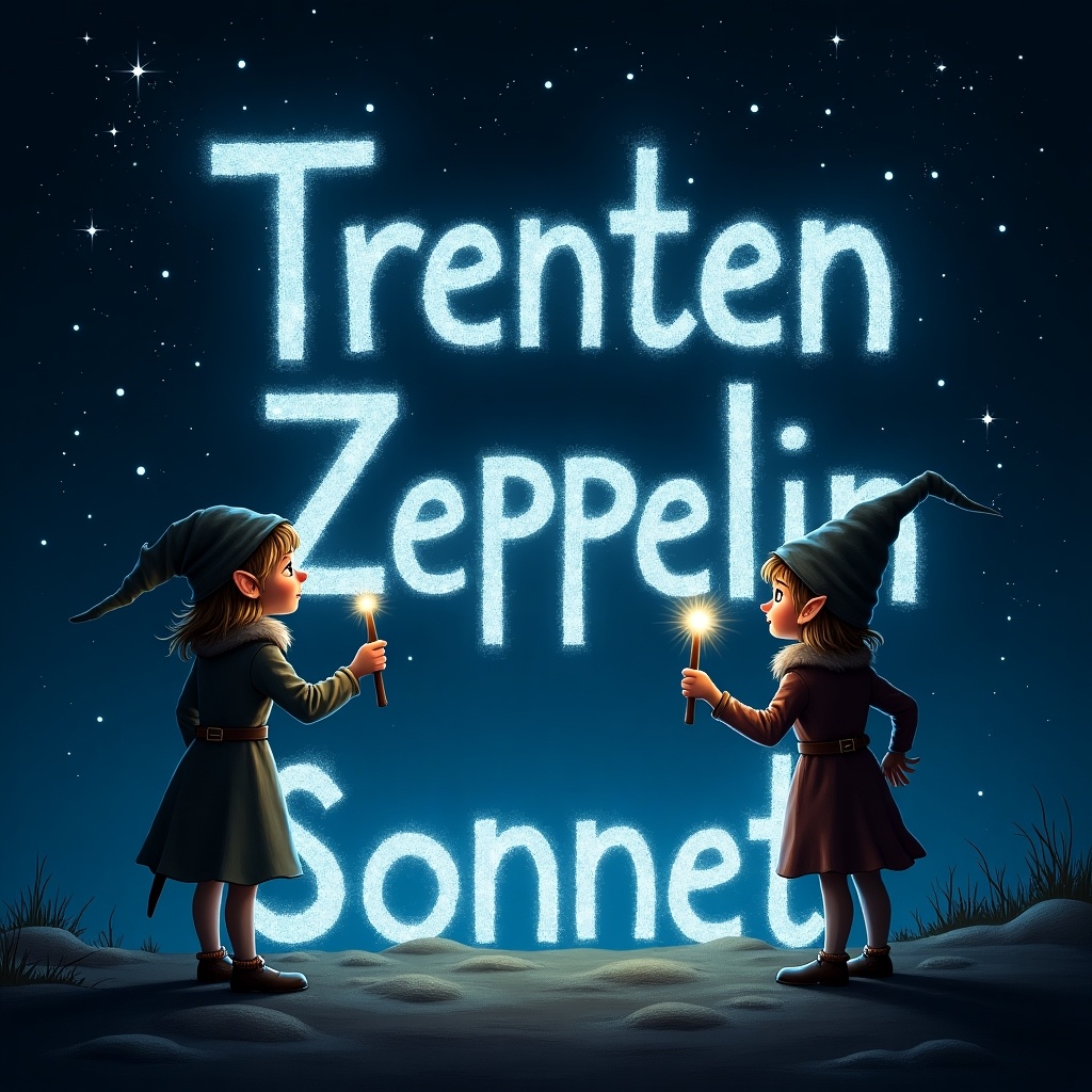 Scene shows two elves in a starry night sky. One elf uses a magical wand to write names. The names are 'Trenten', 'Zeppelin', and 'Sonnet'. Dark background enhances luminous letters. The atmosphere is magical and whimsical.