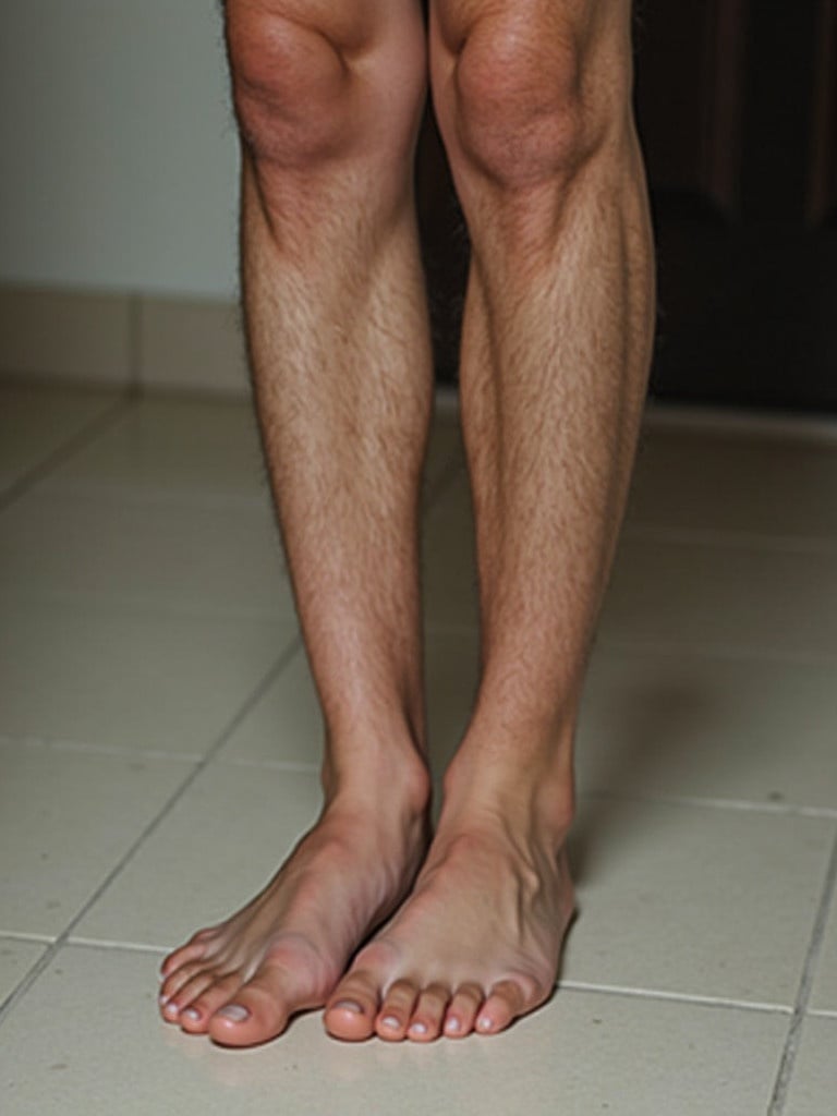 Two feet of a teenage boy they are crossed. The image shows the legs from a lower view. The background is indoors with light tiles and a dark door.