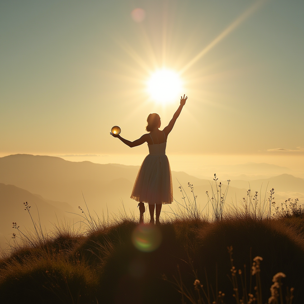 A woman in a dress stands on a hilltop at sunset, holding a glass ball and reaching towards the sun.