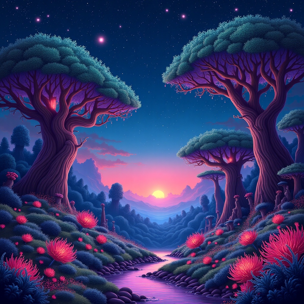 Fantasy landscape with neon colors. Bold trees with sprawling canopies. Stream flowing through a lush, vibrant ecosystem. Sunset in the background with hues of blue and pink. Starry sky above. Flora emits bright, neon-like colors.