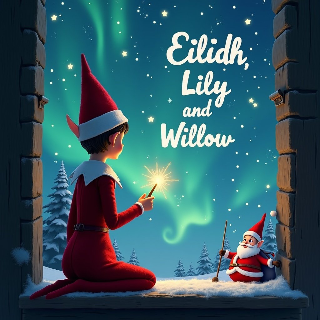 Elf on the shelf faces the sky writing names with a wand. Magical Christmas background with northern lights and Santa. Snowy landscape visible through the window.