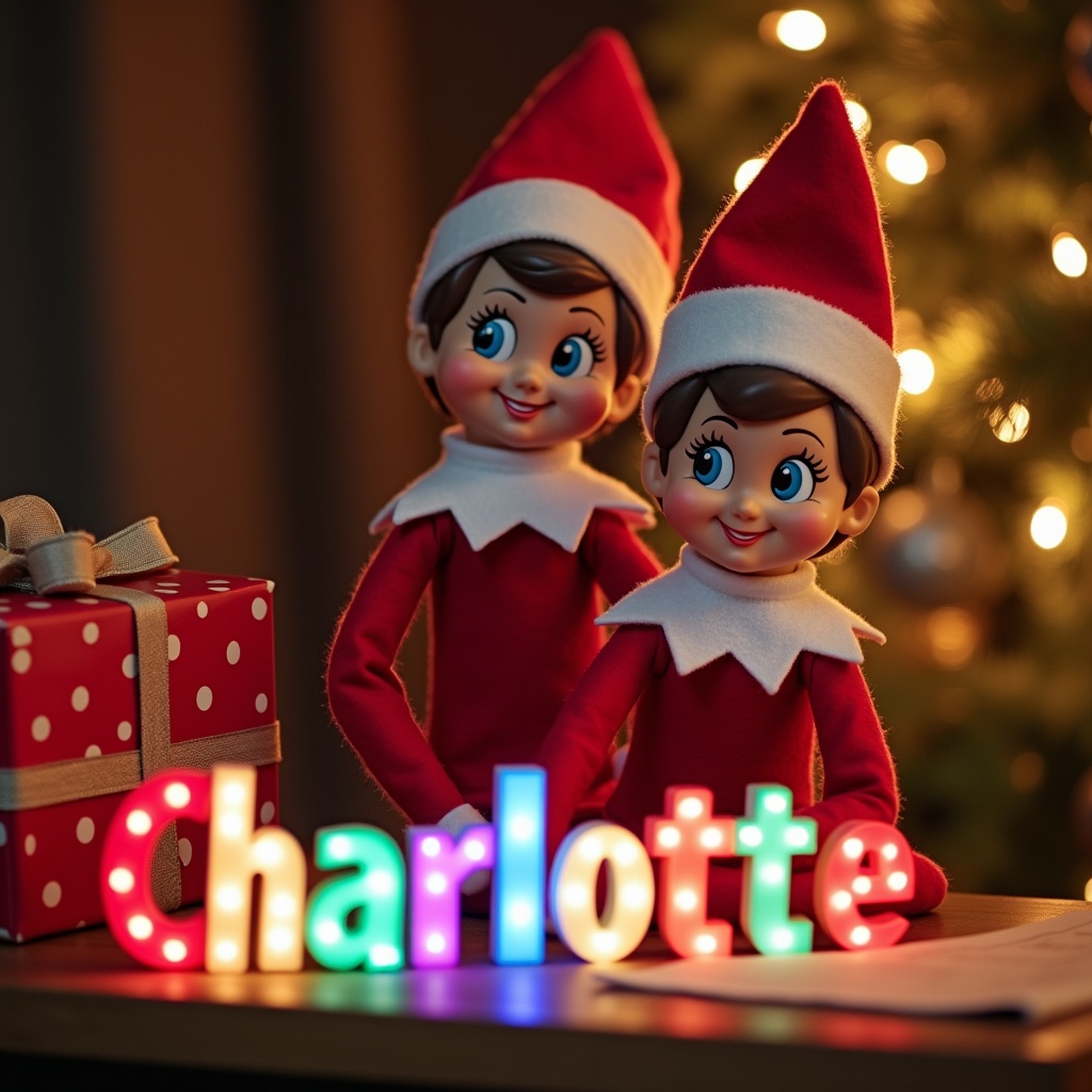 A cheerful elf on the shelf is in a vibrant Christmas scene, wearing a red and white outfit. The elf is joyfully writing the name 'Charlotte' in colorful letters that are lit up. Surrounding the elf are festive decorations, including a decorated tree and twinkling lights. The background has a warm, inviting atmosphere that evokes holiday cheer. This enchanting scene captures the essence of Christmas magic, making it perfect for family celebrations and personalized gifts.