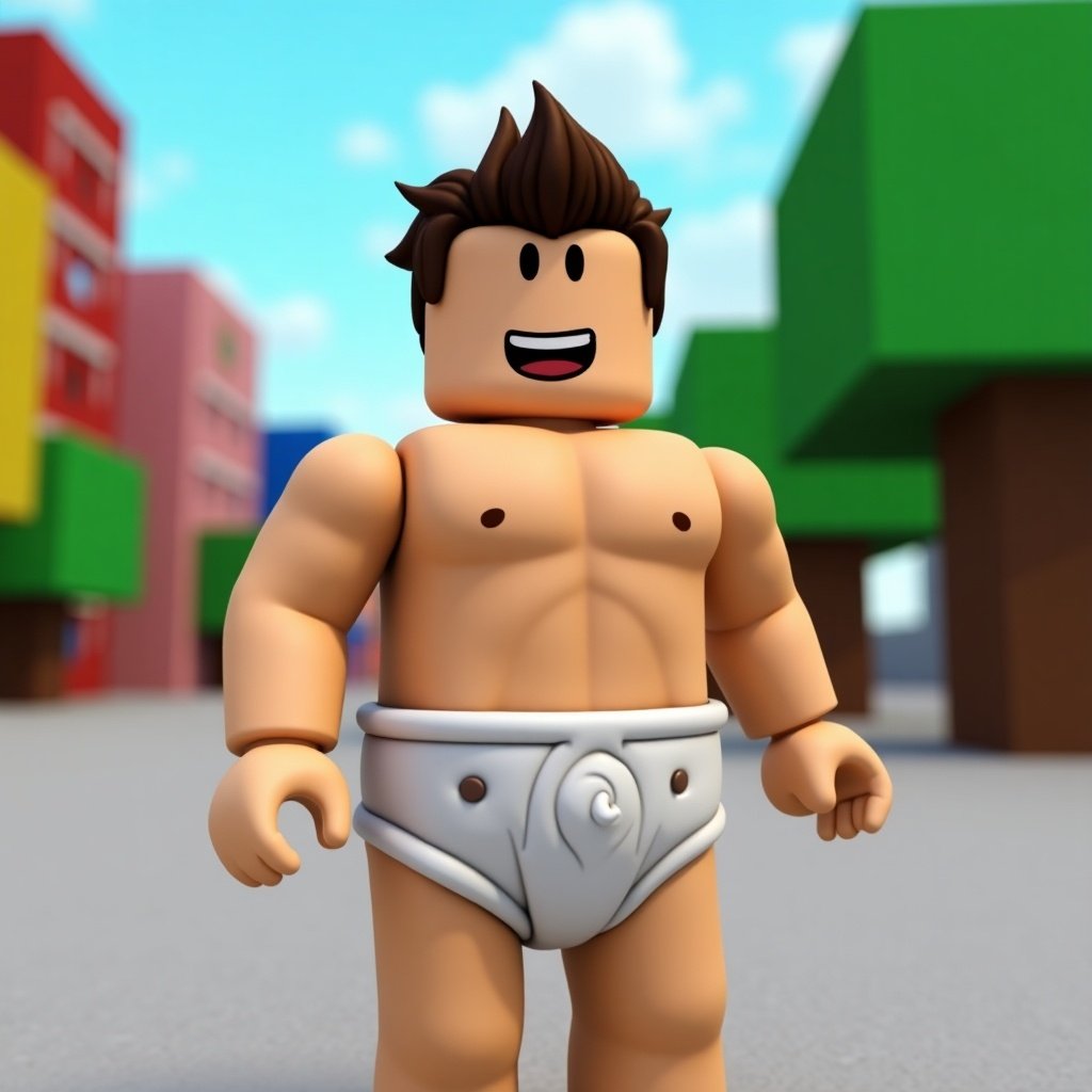 Roblox man wearing a diaper poses in a colorful background. Character is smiling and looks cheerful in a playful 3D environment.