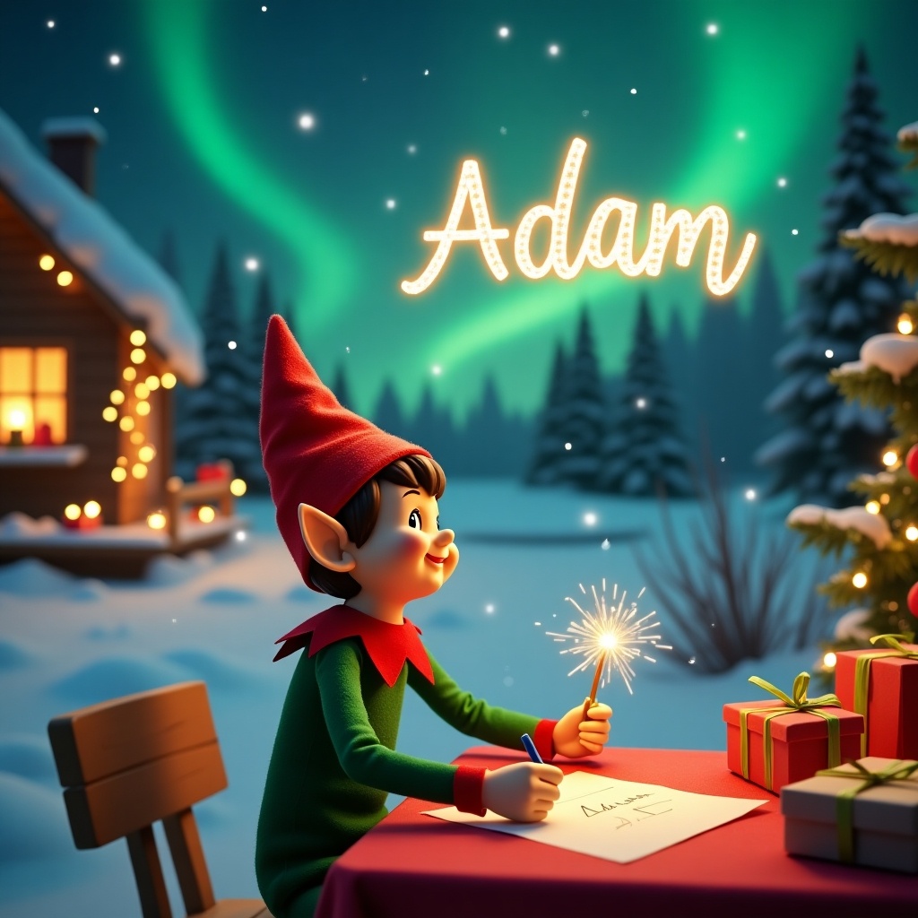 A cheerful Christmas elf sits at a red table. Elf scribbles the name 'Adam' on paper. Elf wears a bright green and red outfit with pointed ears and a festive hat. Colorful holiday decorations surround the elf. Wrapped gifts and twinkling lights are in the background. Scene is cozy and warm. It embodies Christmas spirit. The elf gazes upward holding a shimmering magic wand. Above the elf, the name 'Adam' is written in sparkling letters. Vibrant northern lights are in the background. Soft snow covers the ground and a cozy cabin is visible.