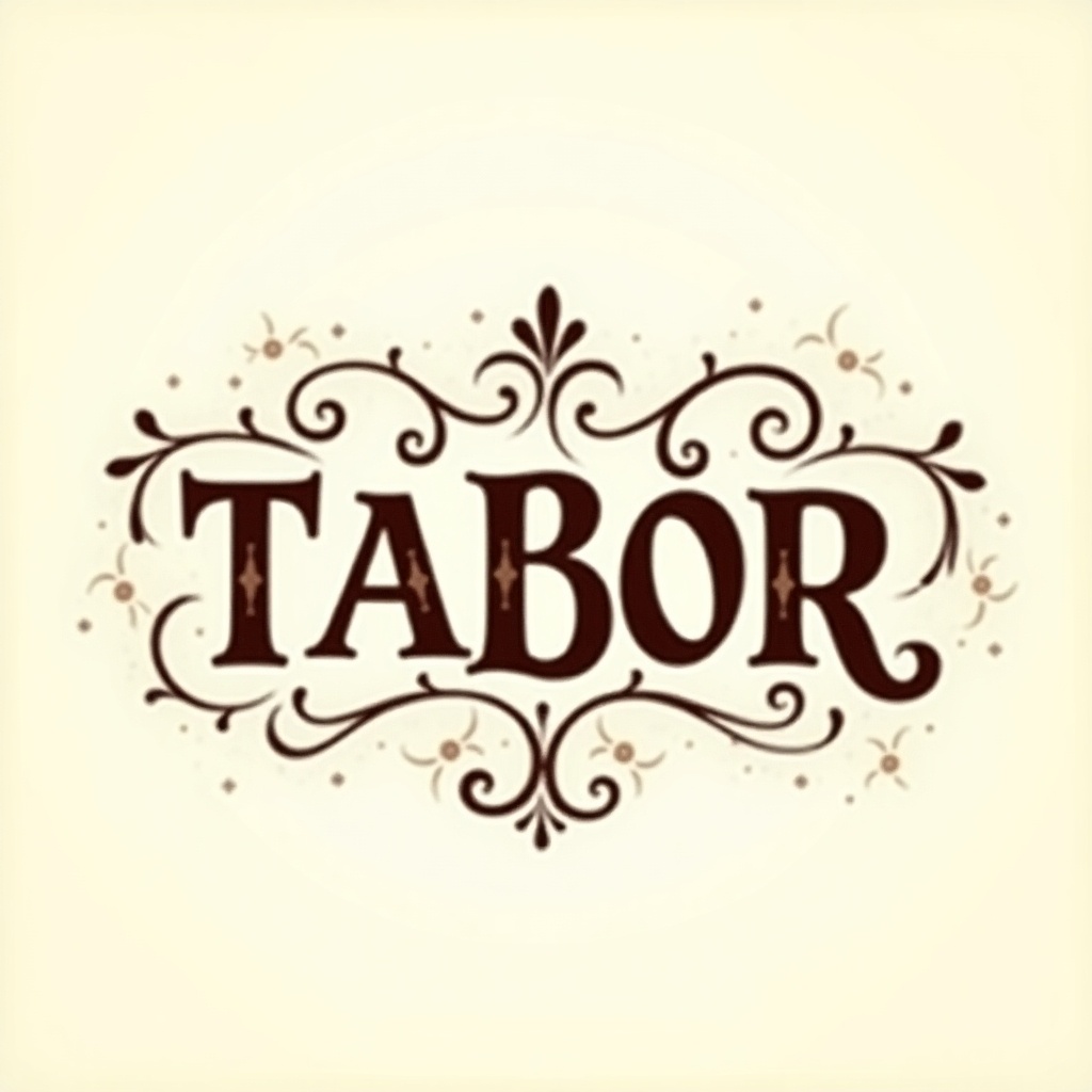 The image showcases the word 'TABOR' in a beautifully styled font. The design features intricate swirls and flourishes surrounding the text, adding decorative flair. The color palette consists of a soft beige background with dark brown accents, creating a warm and inviting feel. This elegant design is perfect for artistic endeavors and emphasizes creativity and artistry. Overall, the appearance is visually appealing, making it suitable for various creative industries.