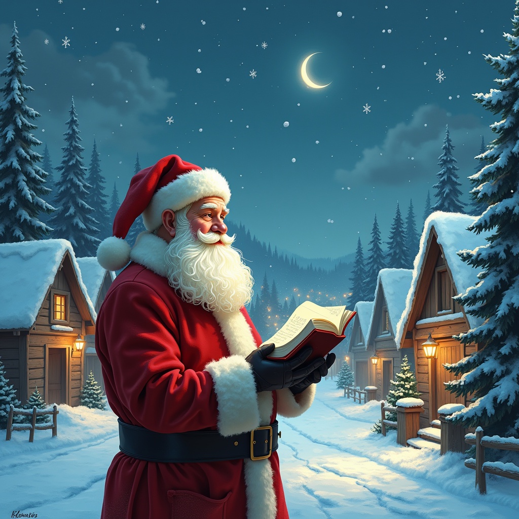 The image captures Santa Claus in a snowy village on a perfect winter evening. He is dressed in his classic red suit, holding an open book. Surrounding him are quaint, snow-covered cabins and twinkling lights that create a festive atmosphere. The sky above features a crescent moon and gently falling snowflakes. Trees with pine needles frame the scene, adding to the winter charm. This moment depicts Santa dedicating time to write 'Sofia' in the sky, symbolizing the magic of Christmas.