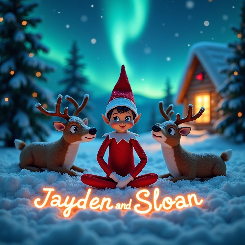 Enchanted Christmas scene shows elf on shelf sitting in snow. Northern lights above create a vibrant night sky. Two reindeer sit nearby. Name ‘Jayden and Sloan’ written in foreground. Cozy cottage in background glows warmly. Imagery captures holiday essence.