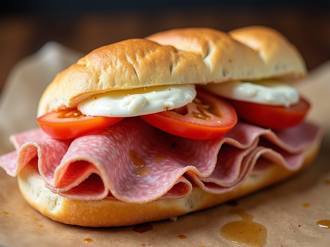 This image features a delicious ciabatta sandwich filled with layers of cooked pastrami, fresh mozzarella, and sliced tomatoes. The sandwich is generously spread with creamy mayonnaise. The warm ciabatta bread is soft, with a slightly toasted appearance. It is arranged artistically on a piece of parchment paper, which enhances its gourmet look. This sandwich is ideal for a satisfying lunch and showcases the perfect combination of flavors and textures.