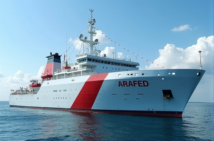 A large white ship with red accents sails on calm blue waters under a partly cloudy sky.