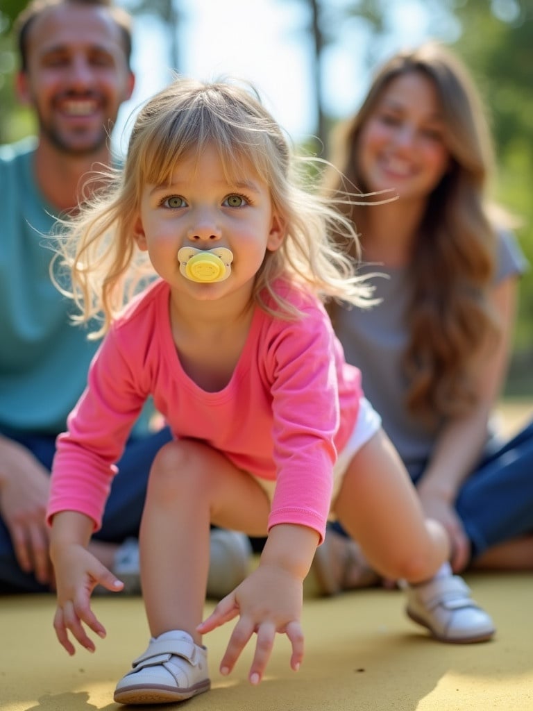 A young girl with long blond hair wears a long sleeve pink shirt and plays at the playground. She crawls on a bright surface. Her parents are relaxed in the background. The girl wears shoes with Velcro straps. A pacifier is in her mouth. The scene captures a joyful family moment.